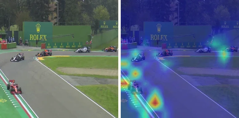 A frame from Imola next to its track Grad-CAM heatmap